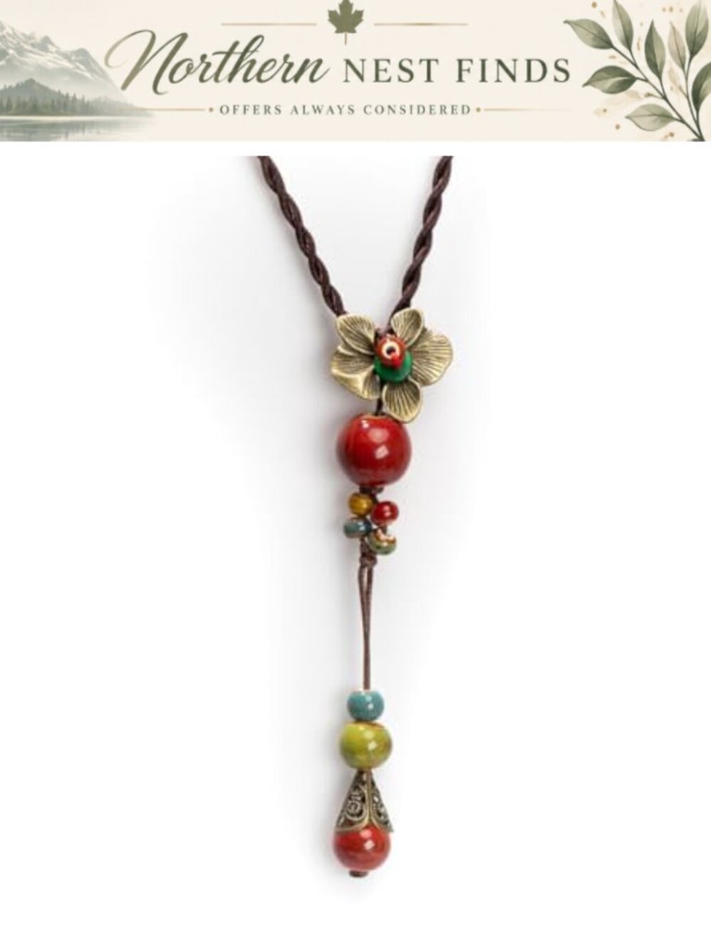 Bohemian Ceramic Bead Y-Necklace Rope Chain Flower Pendant Women Jewelry